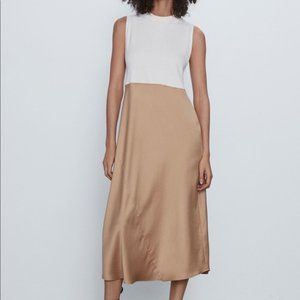 NWT Zara Satin Neutral Combined Midi Slip Dress Size Small   **F**